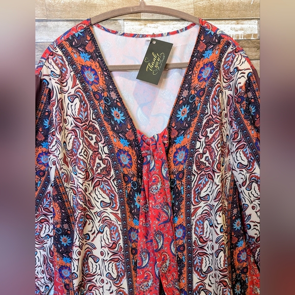 New Boho Mixed Print Paisley Kimono With Front Ties - Picture 3 of 15